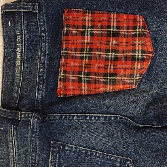 Current/Elliot Blue Dark Wash Mid Rise Plaid Detail Straight Leg Denim Jean - Picture 12 of 14